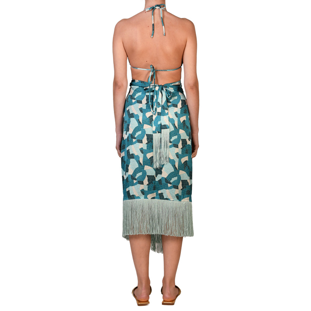 Jade Mosaic Satin Sarong Dress