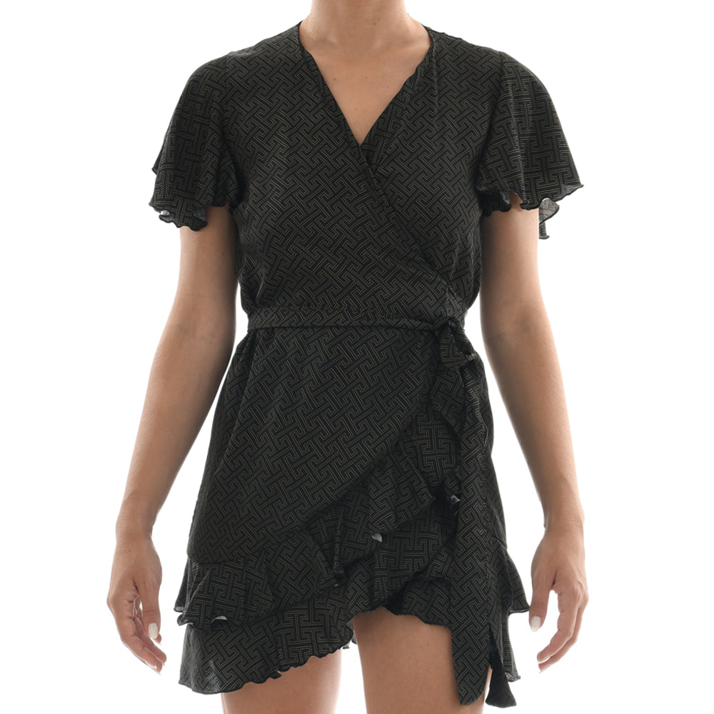 Meander Black Satin Mini Wrap Ruffle Dress