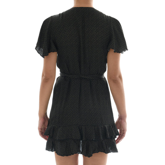 Meander Black Satin Mini Wrap Ruffle Dress