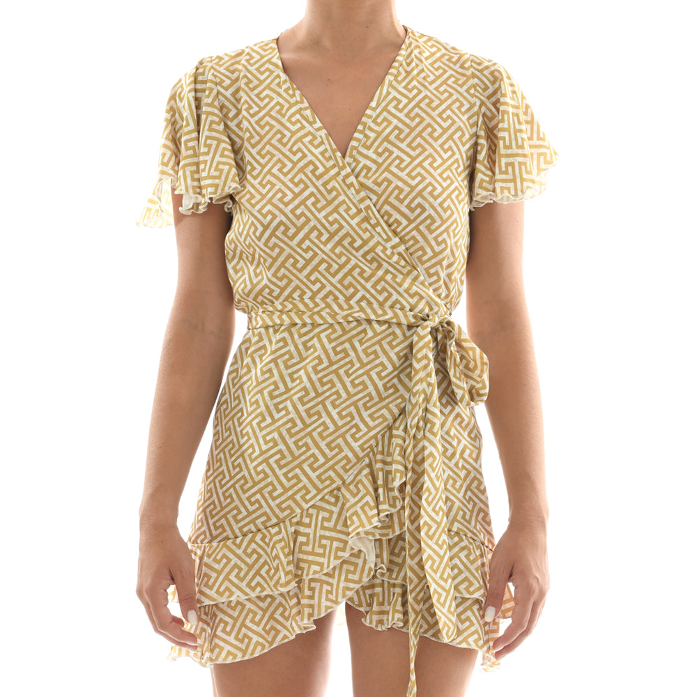 Grecian Gold Satin Mini Wrap Ruffle Dress Ino Mei Grecian Gold Satin Mini Wrap Ruffle Dress Ino Mei