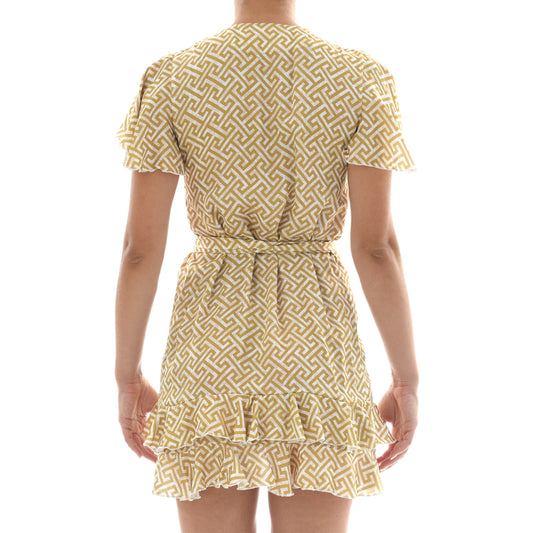 Grecian Gold Satin Mini Wrap Ruffle Dress