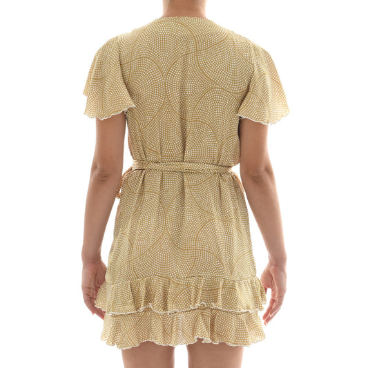 Gold Mosaic Satin Mini Wrap Ruffle Dress