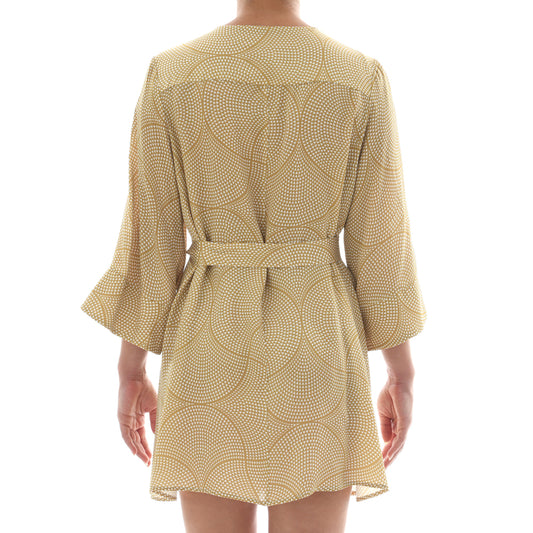 Gold Mosaic Satin Mini Kimono Dress