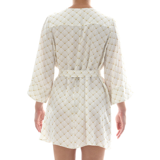 White Seashell Satin Mini Kimono Dress