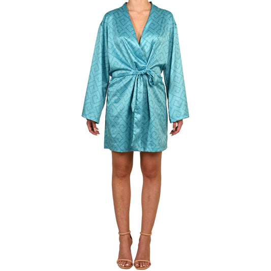 Meander Aquamarine Satin Mini Belted Dress