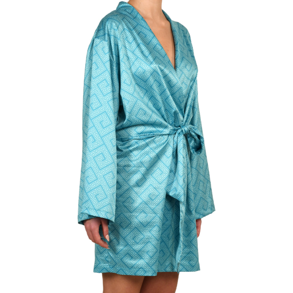 Meander Aquamarine Satin Mini Belted Dress
