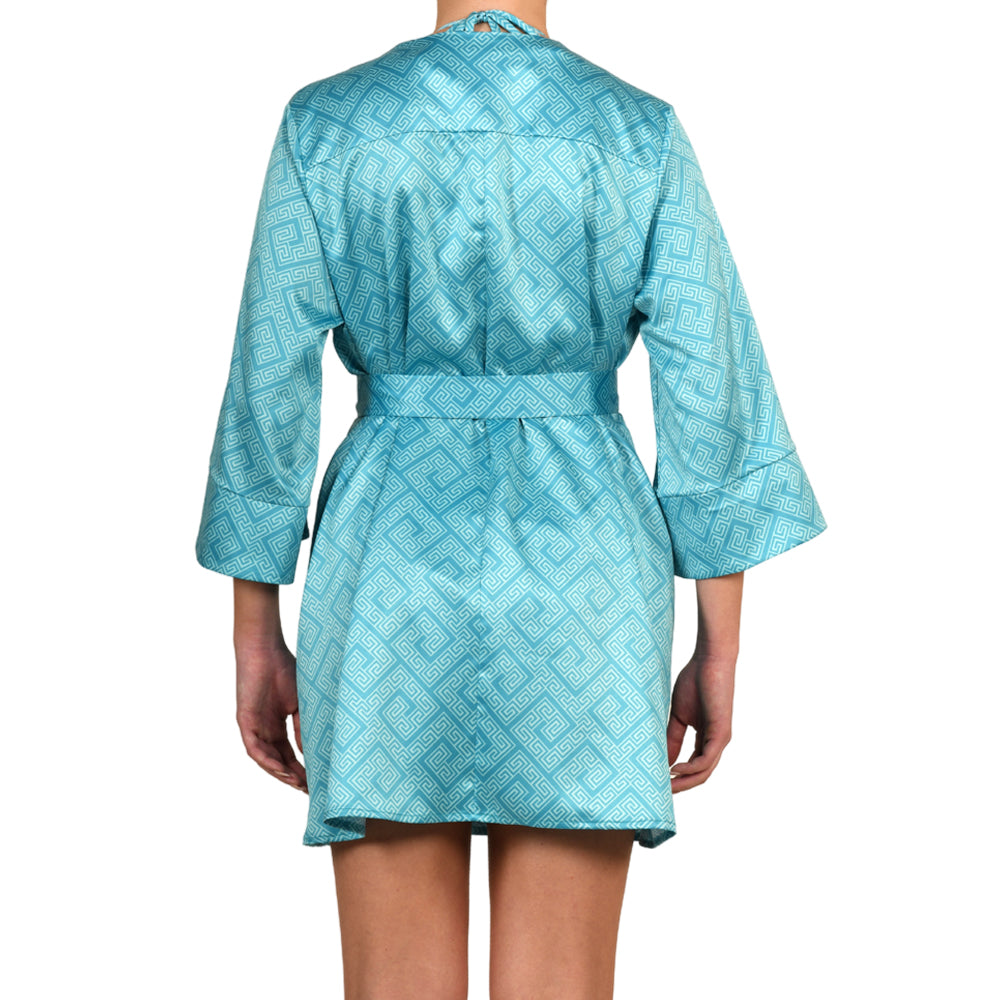 Meander Aquamarine Satin Mini Kimono Dress