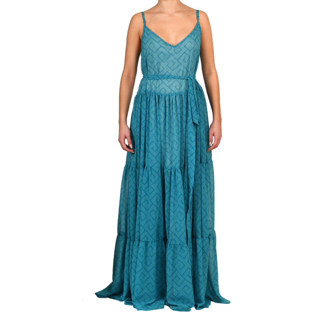 Meander Aquamarine Maxi Ruffle Dress