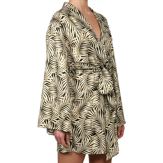 Tropical Black Satin Mini Belted Dress