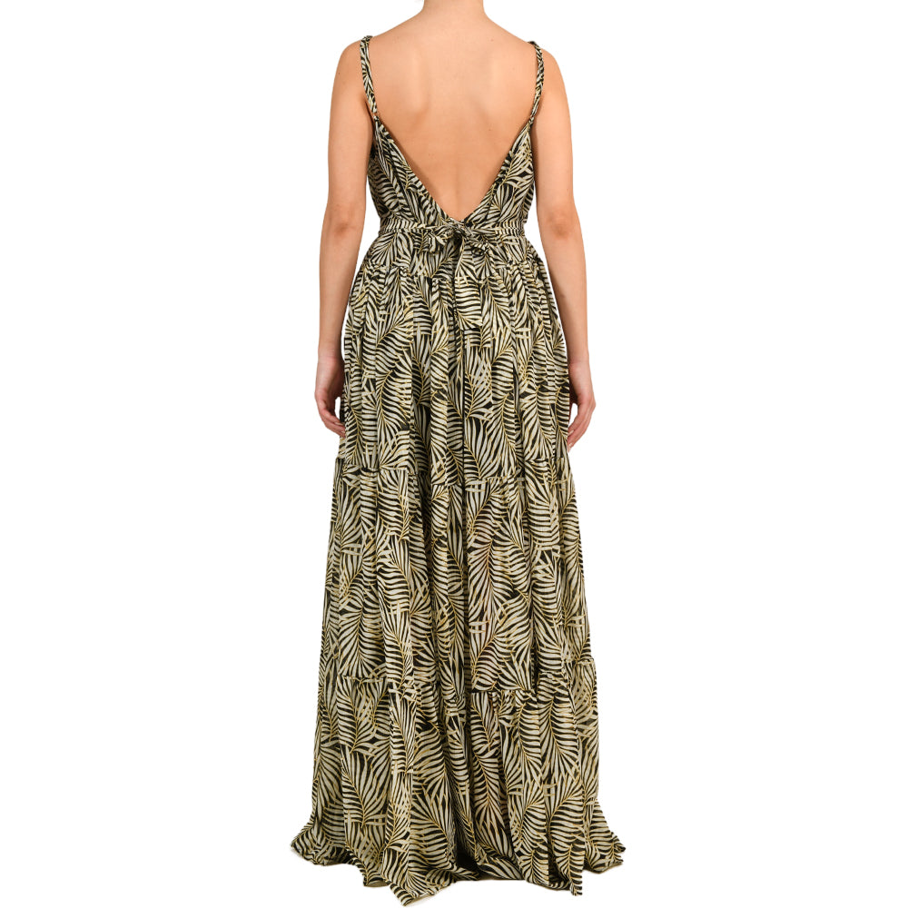 Tropical Black Maxi Shimmering Ruffle Dress
