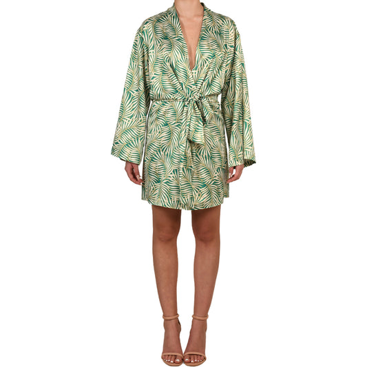 Tropical Green Satin Mini Belted Dress