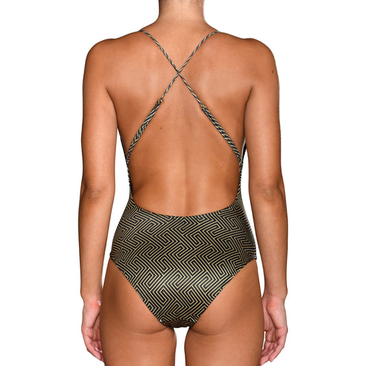 Grecian Black Gold Halter Swimsuit