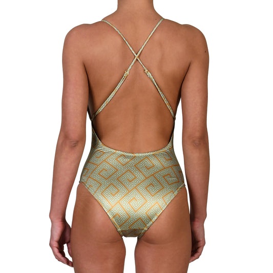 Meander Mint Gold Halter Swimsuit