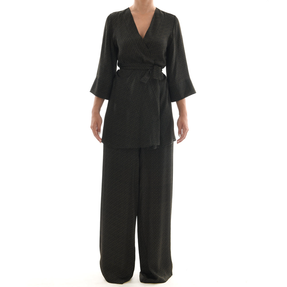 Meander Black Satin Mini Kimono Dress