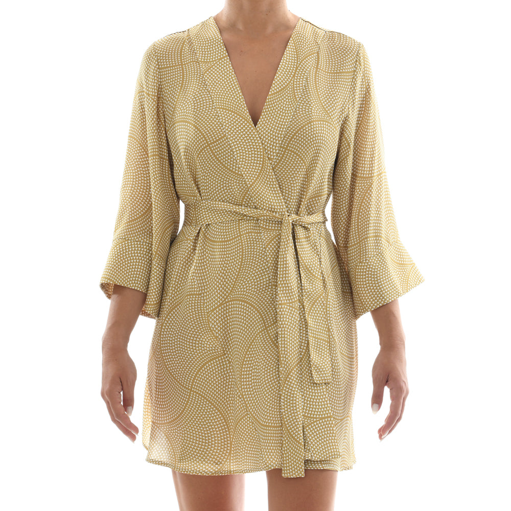 Gold Mosaic Satin Mini Kimono Dress