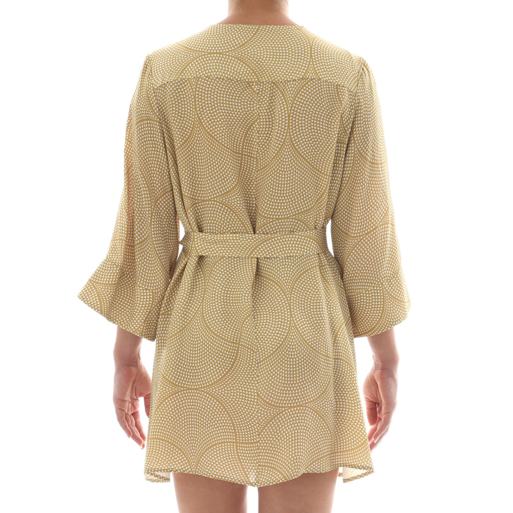 Gold Mosaic Satin Mini Kimono Dress