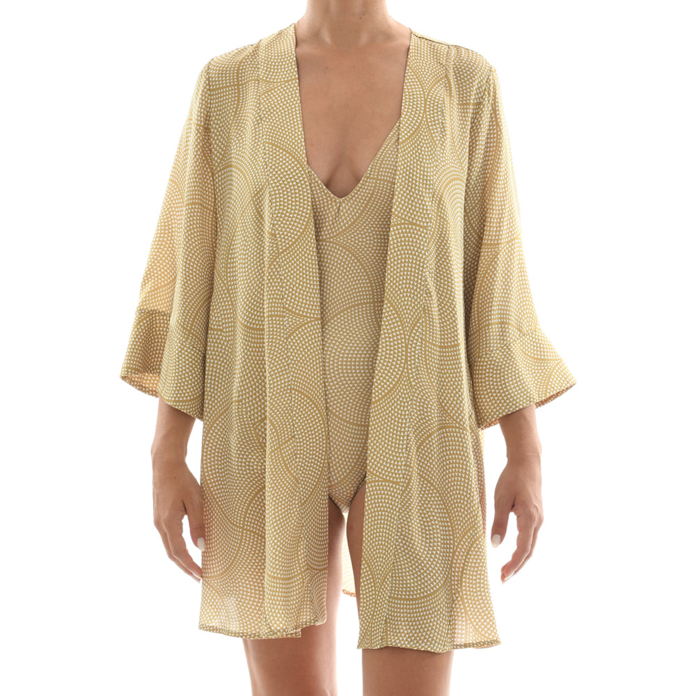Gold Mosaic Satin Mini Kimono Dress