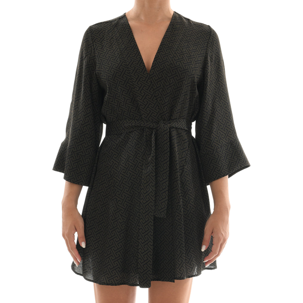 Meander Black Satin Mini Kimono Dress