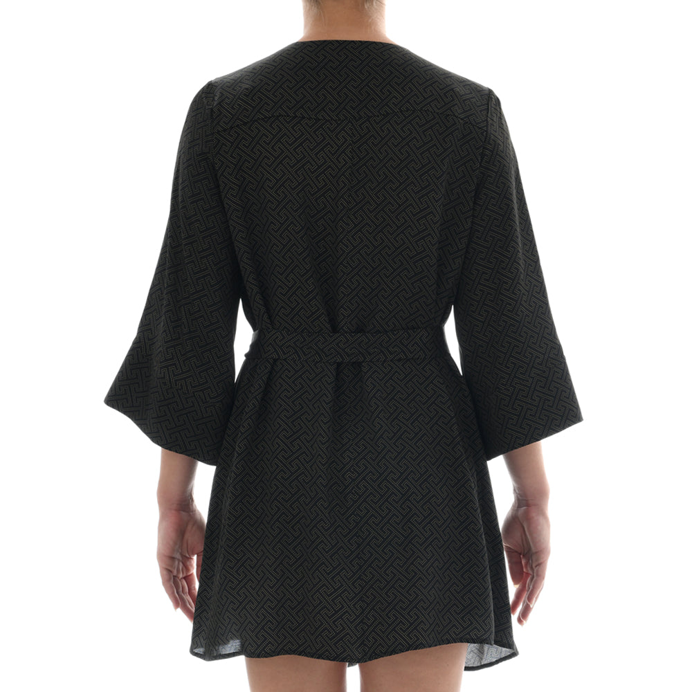 Meander Black Satin Mini Kimono Dress