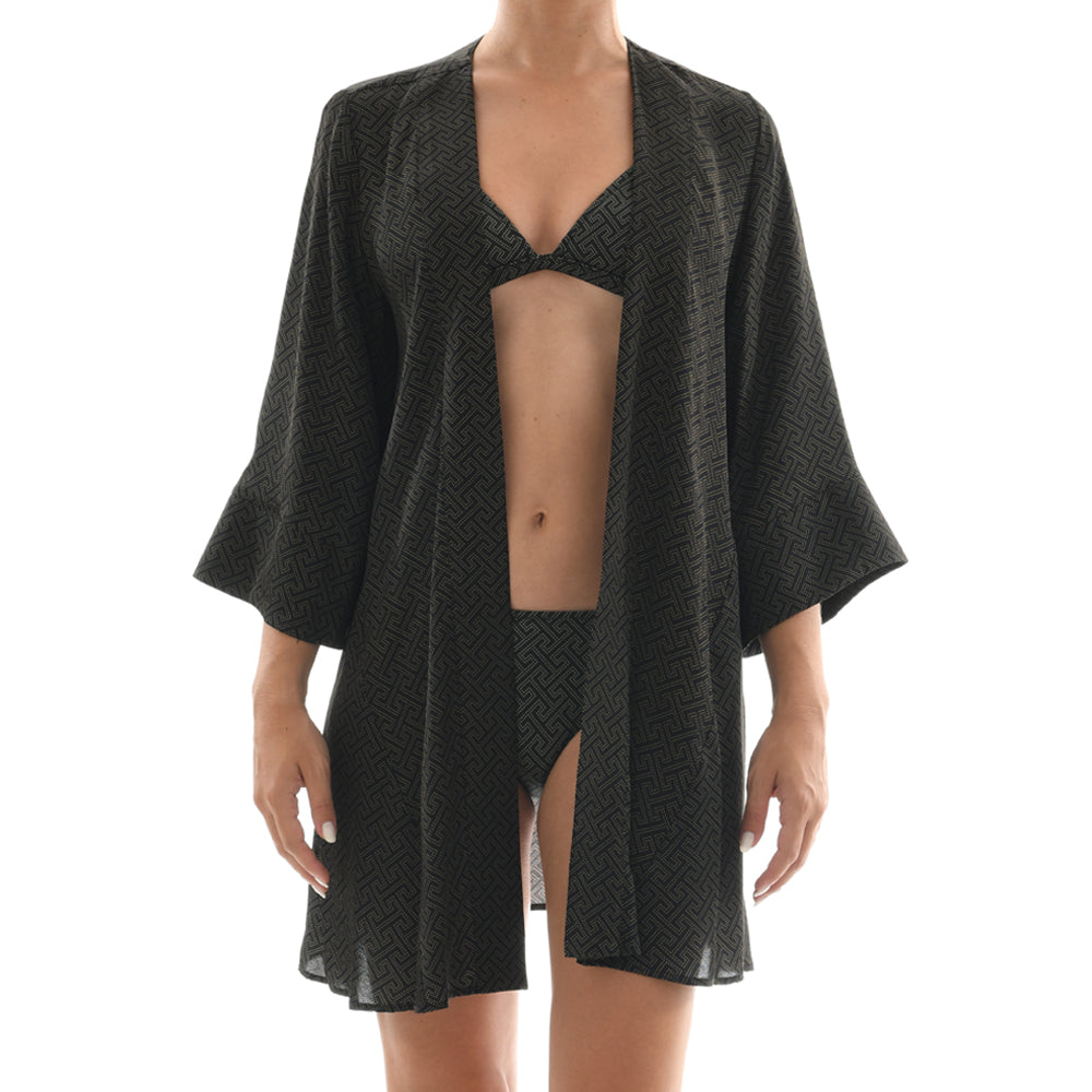 Meander Black Satin Mini Kimono Dress