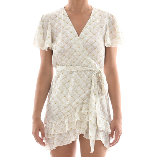 White Seashell Satin Mini Wrap Ruffle Dress