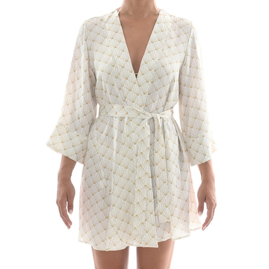 White Seashell Satin Mini Kimono Dress