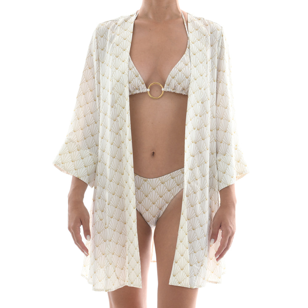 White Seashell Satin Mini Kimono Dress