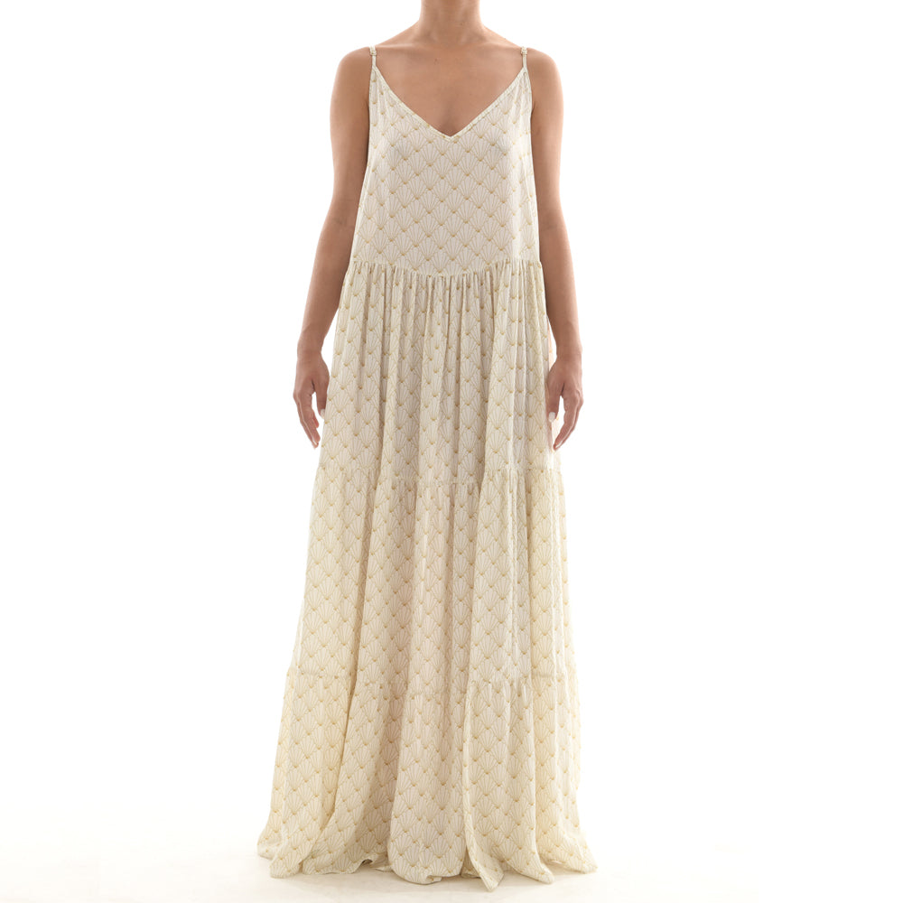 White Seashell Maxi Ruffle Dress
