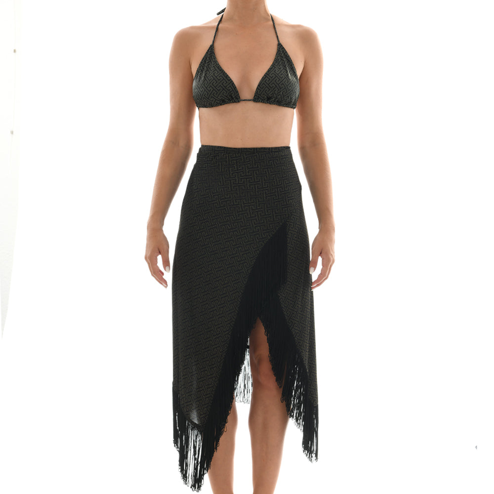 Meander Black Satin Sarong Dress