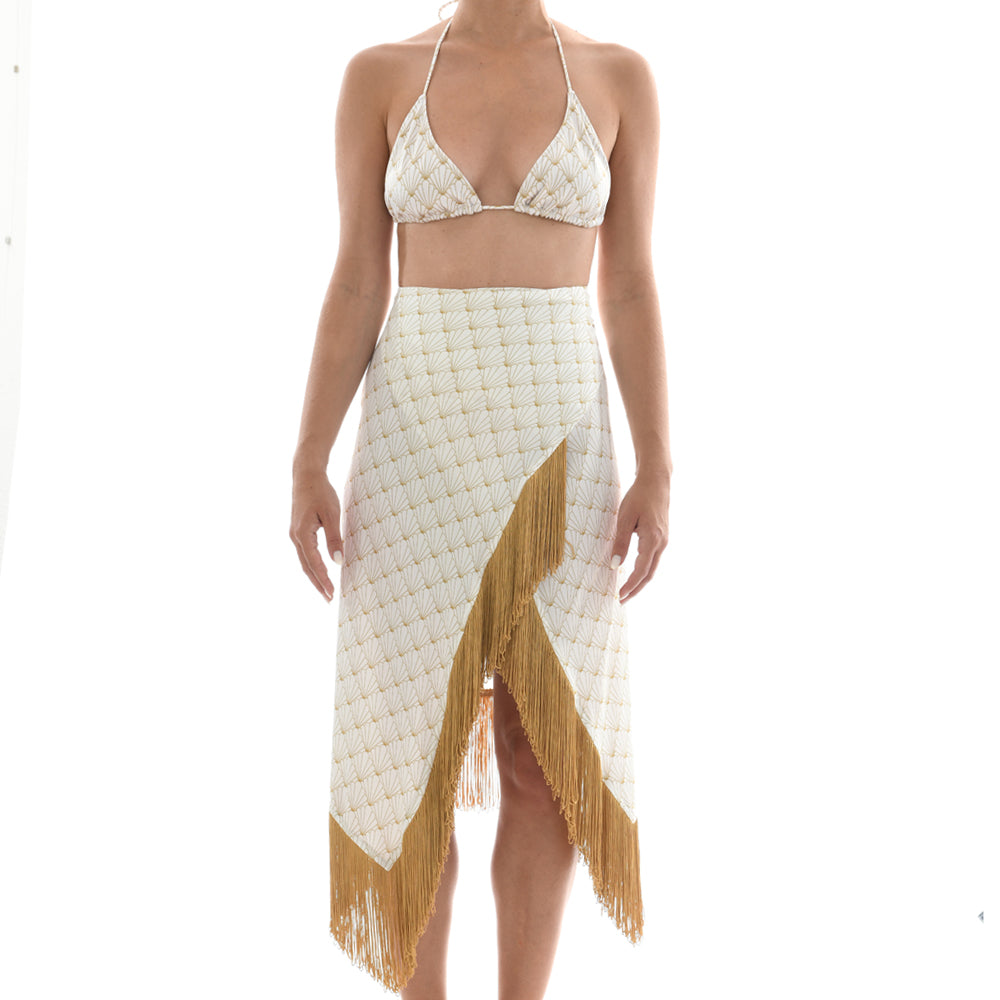White Seashell Satin Sarong Dress