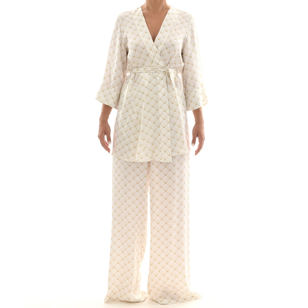 White Seashell Satin Mini Kimono Dress
