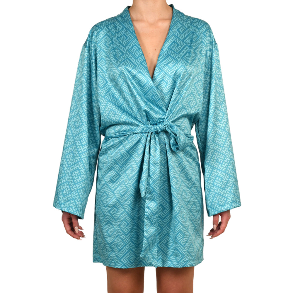 Meander Aquamarine Satin Mini Belted Dress