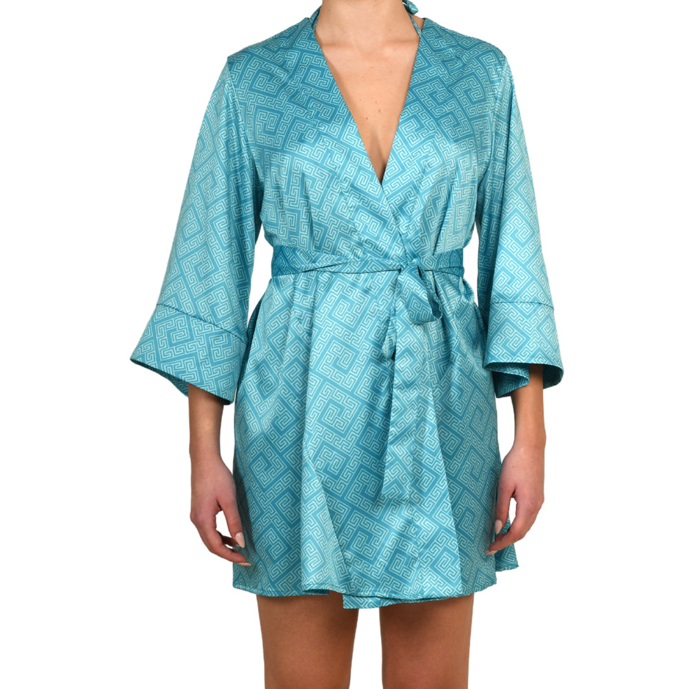 Meander Aquamarine Satin Mini Kimono Dress