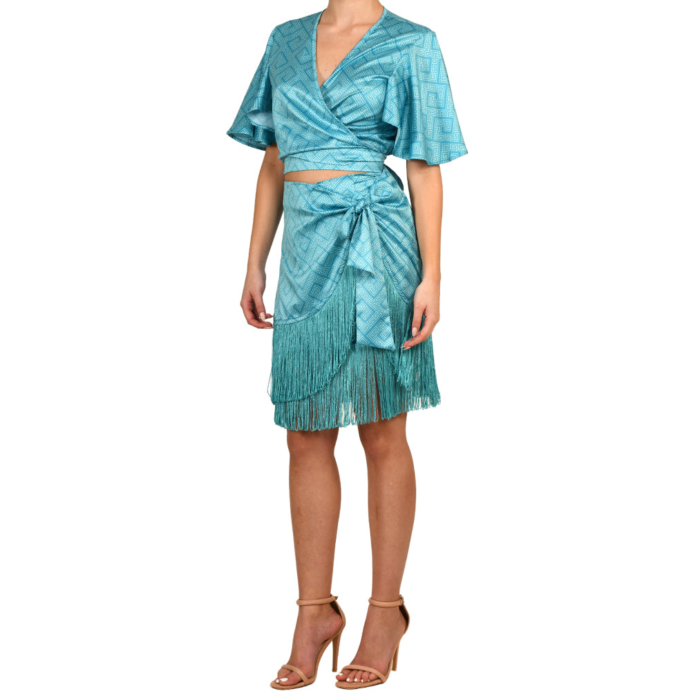 Meander Aquamarine Satin Mini Skirt