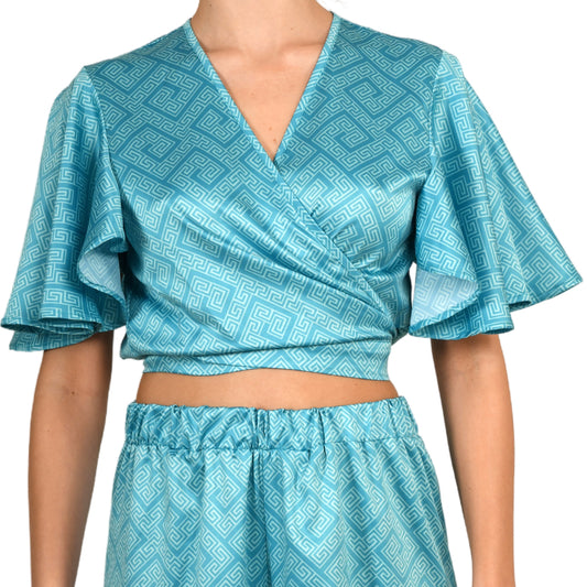 Meander Aquamarine Satin Wrap Top