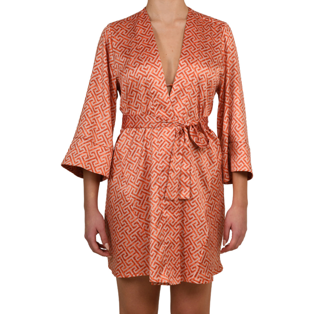 Grecian Grapefruit Satin Mini Kimono Dress