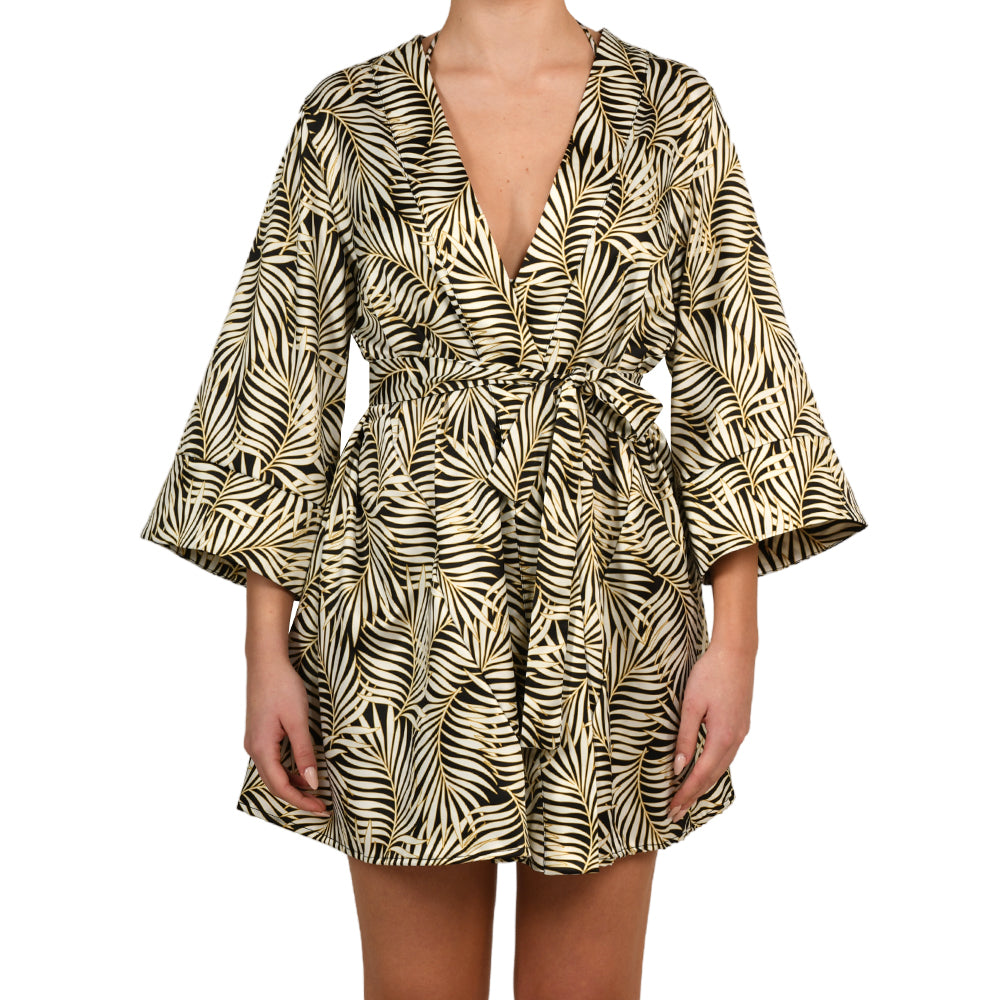 Tropical Black Satin Mini Kimono Dress