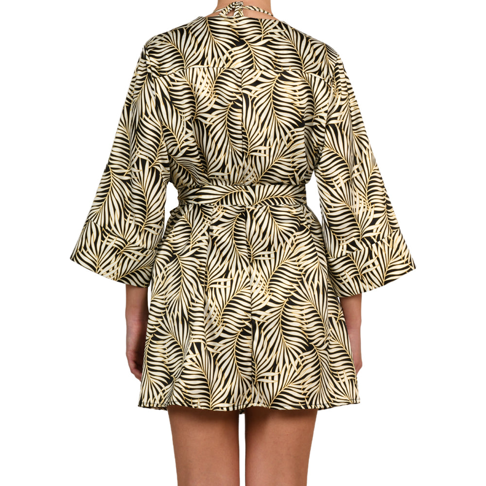 Tropical Black Satin Mini Kimono Dress
