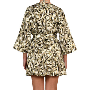 Tropical Black Satin Mini Kimono Dress