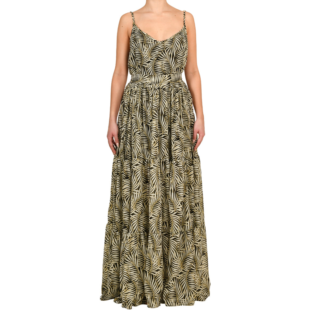 Tropical Black Maxi Shimmering Ruffle Dress