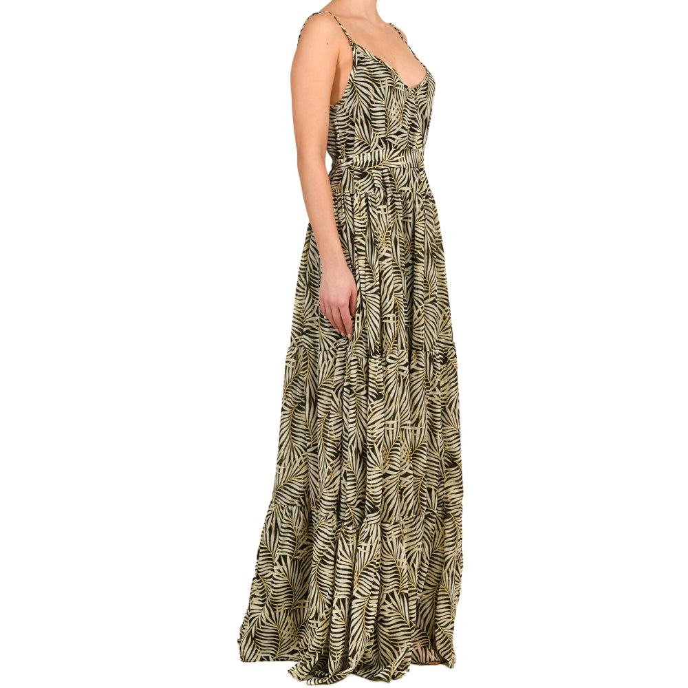 Tropical Black Maxi Shimmering Ruffle Dress