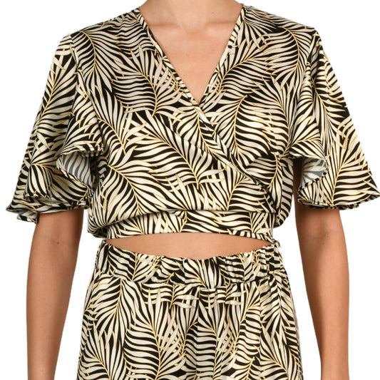 Tropical Black Satin Wrap Top