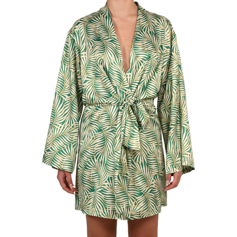 Tropical Green Satin Mini Belted Dress