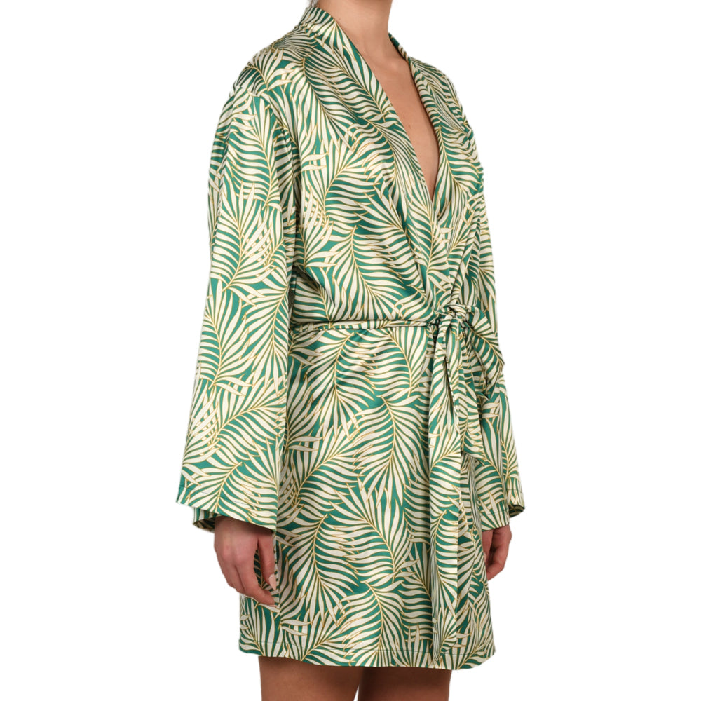 Tropical Green Satin Mini Belted Dress