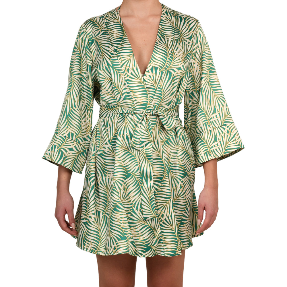 Tropical Green Satin Mini Kimono Dress
