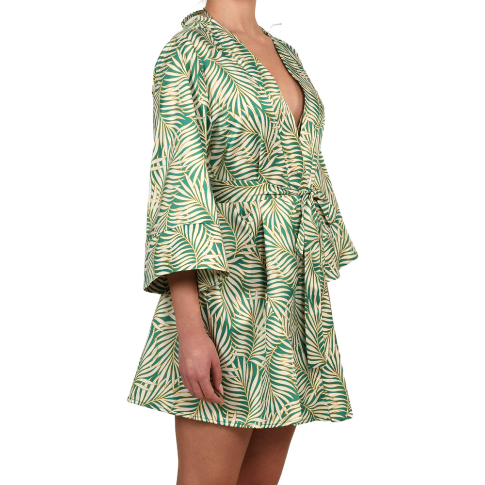 Tropical Green Satin Mini Kimono Dress