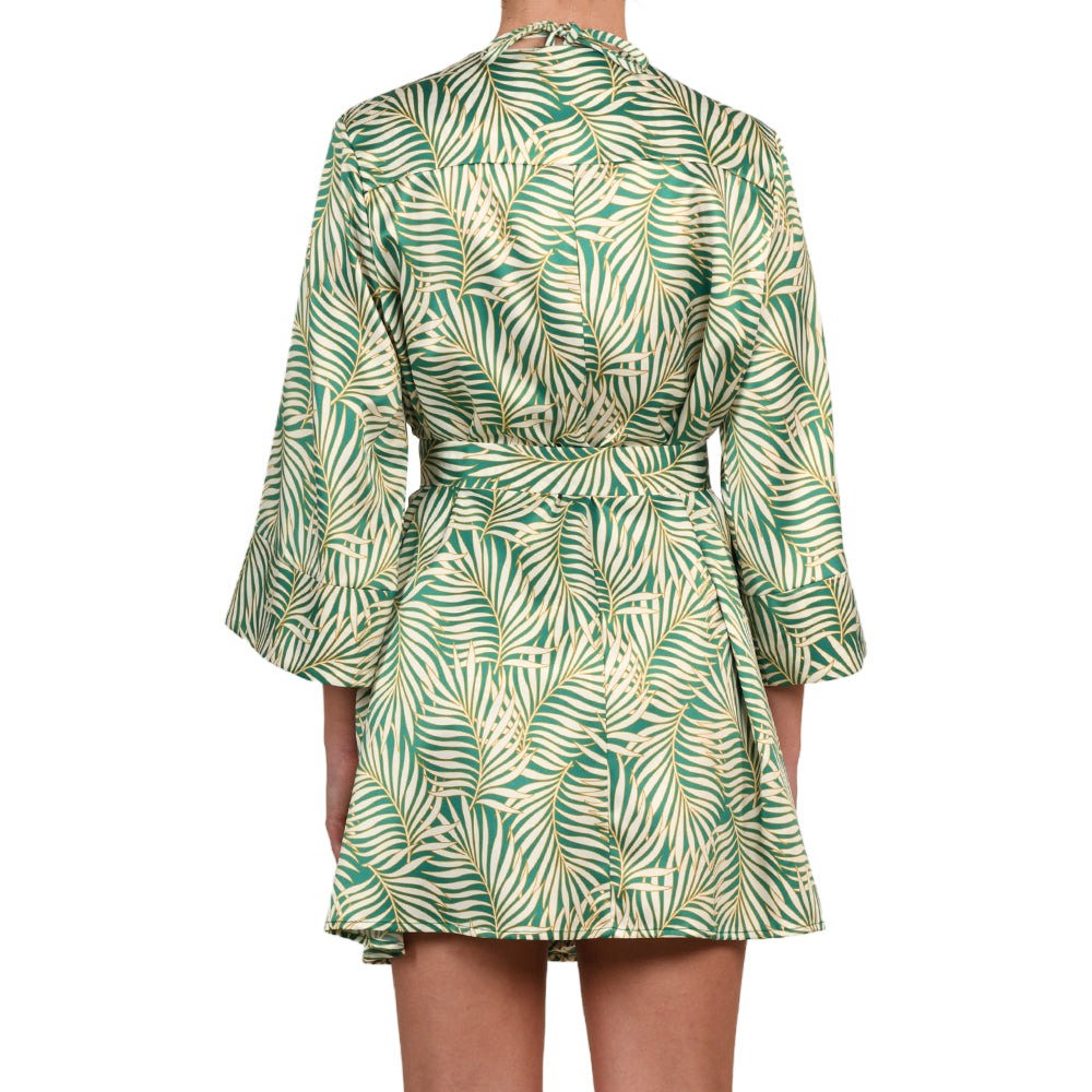 Tropical Green Satin Mini Kimono Dress