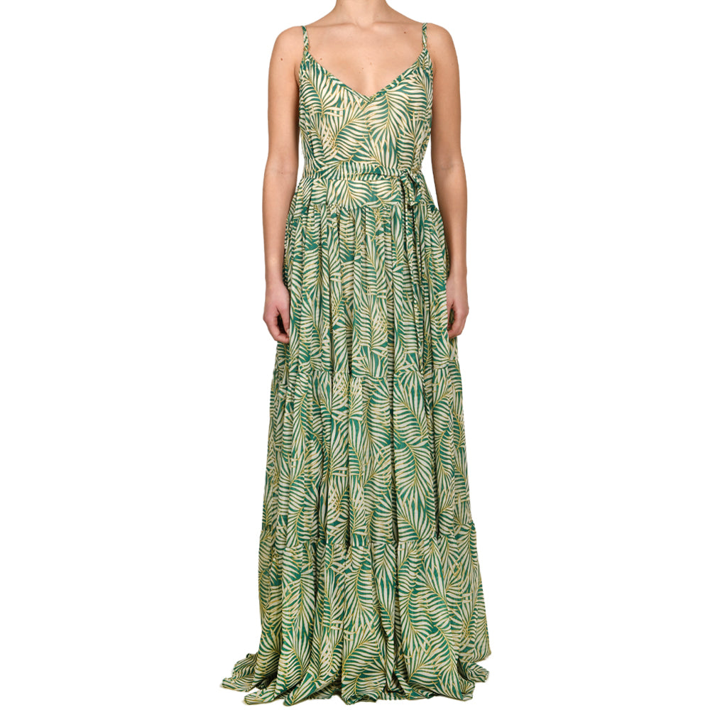 Tropical Green Maxi Shimmering Ruffle Dress