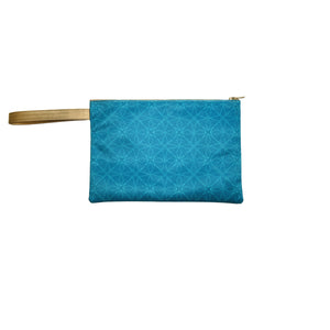 Cerulean Cyan Satin Canvas Clutch with Leather Details