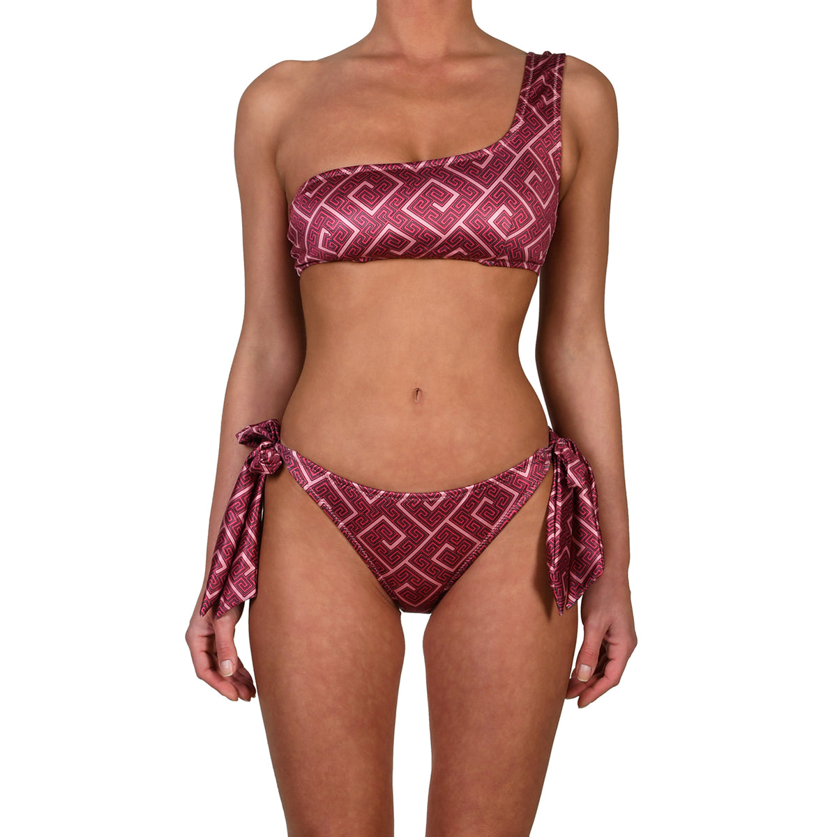 Meander Magenta Tie Side One Shoulder Bikini